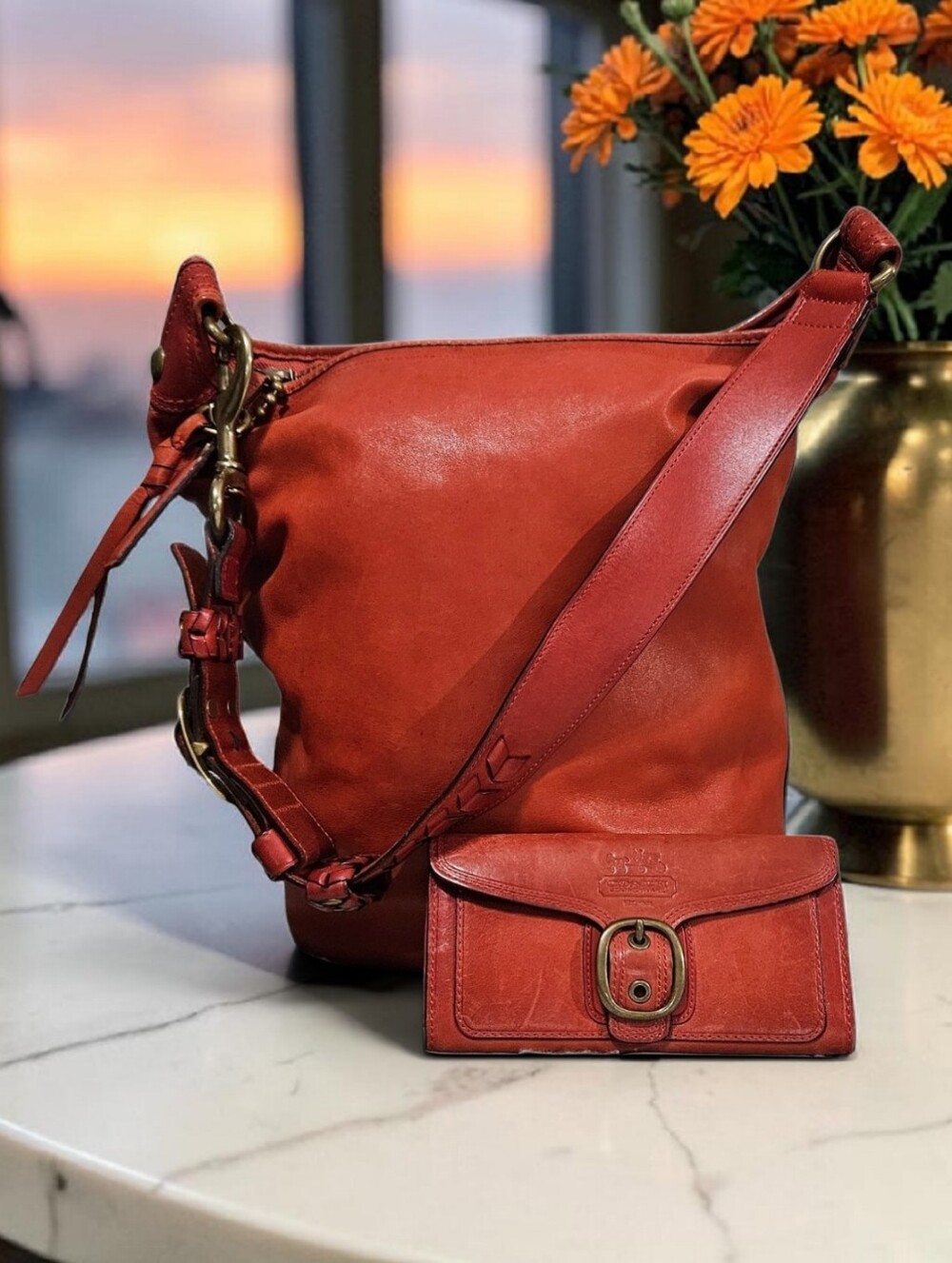 Coach XL Chili Red/Orange Bleecker Tattersal Leather Hobo w/ Wallet Set